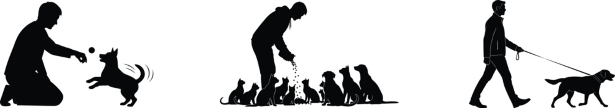 Silhouettes of people interacting with dogs in various playful and walking scenarios