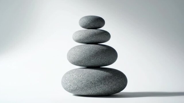 Stack of balanced grey stones on a white background, symbolizing zen, peace, and harmony.