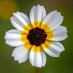 Fototapeta premium Elegant flower blossom. White petals surround a yellow ring and dark center, atop blurred green foliage