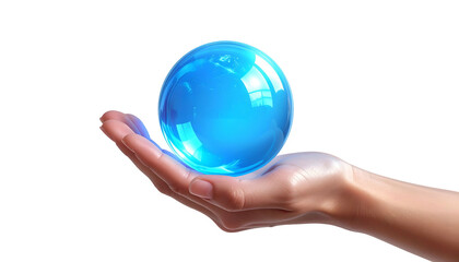 Human hand cradles a luminous, glassy sphere. Black backdrop. Rendering showcases light effects