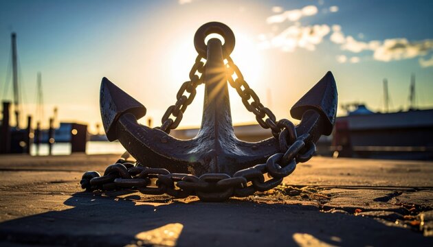 FlyPro_Firefly's high-resolution photo capturing heavy steel chains, thick and robust, draped across a large, unmoving anchor, casting deep shadows during a vibrant sunset.