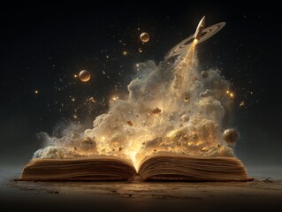 Naklejka premium Magical book opening to reveal cosmic universe with spaceship