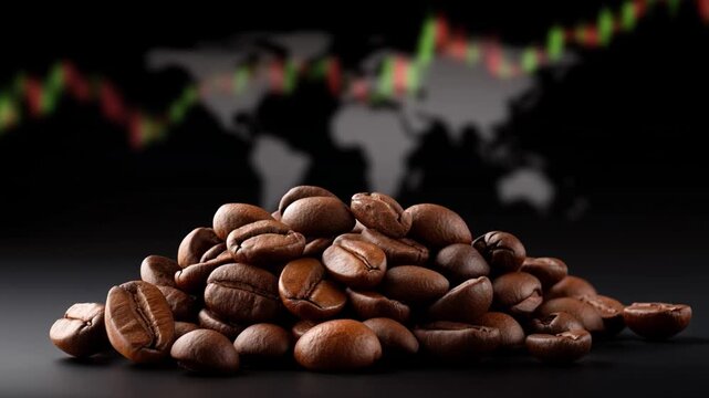 Volatility sustainable coffee market impacts prices and demand with roasted coffee beans pile, blurred stock chart, and global