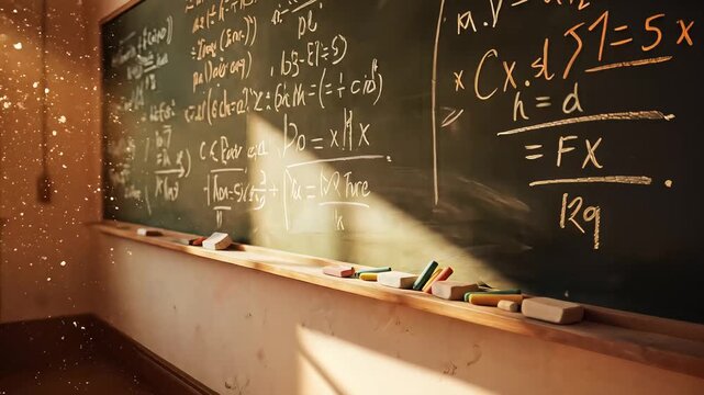 Classroom blackboard with complex mathematical equations and formulas written in chalk.