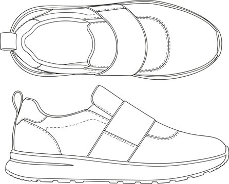 Women&rsquo;s elastic strap slip on sneaker technical drawing, flat vector illustration isolated on white background footwear template