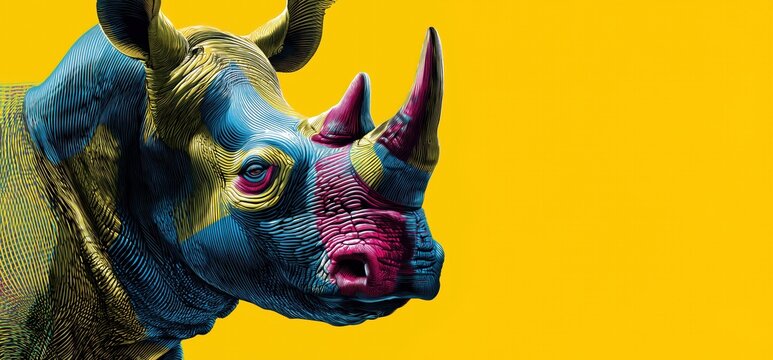 Portrait color&eacute; d'un rhinoc&eacute;ros africain r&eacute;alis&eacute; en demi-teintes avec des traits marqu&eacute;s et des aplats de couleurs, fond jaune contrastant avec le sujet, vue panoramique, image avec espace pour texte.