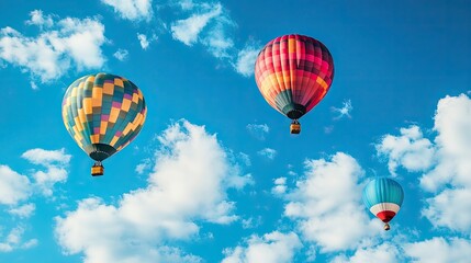 Obraz premium Vibrant Hot Air Balloons Floating in a Clear Blue Sky with Fluffy White Clouds, Captivating Autumn Scene Alive with Color and Wonder