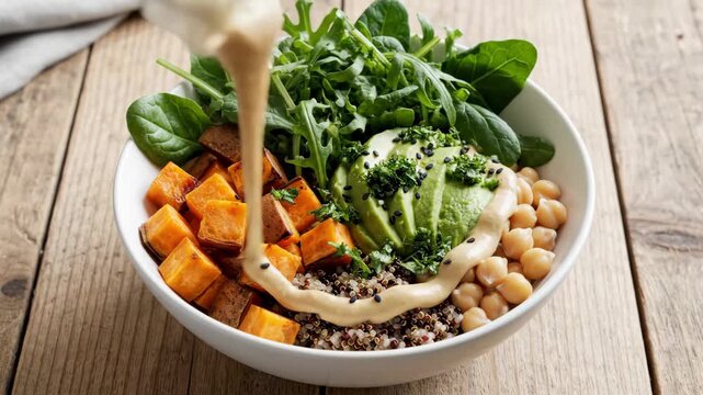 Preparing a fresh quinoa and veggie bowl with tahini drizzle on rustic wooden table