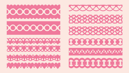 Pink decorative borders and patterns arranged in vertical rows