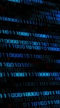 panel with rows of zero and one, binary code concept, futuristic design, vertical video (3d render)