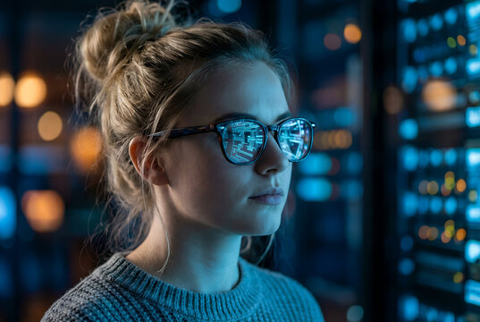 Close up of a young female IT specialist with glasses looking at a server room with digital code reflections