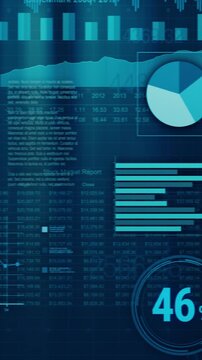 sheets with numbers and financial charts scrolling on screen, concept of business and finance, vertical video (3d render)