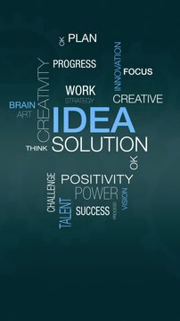 word cloud with the shape of a light bulb, concept of idea, think and solution, background with cogwheels and business related icons, vertical video
