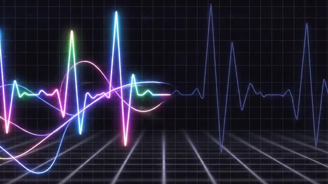 Futuristic Emotional Pulse &mdash; Colorful Waveforms on Soft Grid Seamless 4K Loop