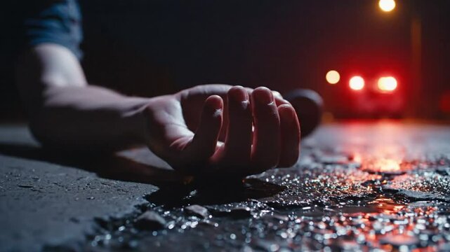 Low angle shot of a person lying on asphalt road at night with red emergency vehicle lights