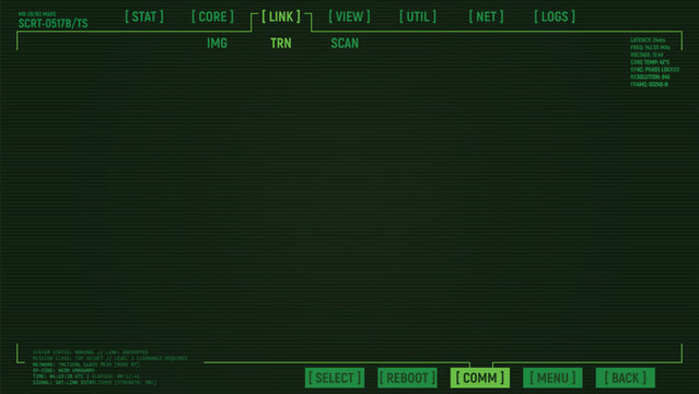 Retro futuristic game style green overlay HUD with CRT scanlines. Green military retro-futuristic UI overlay for video or broadcasting. 80s style interface template with green panels and frames.