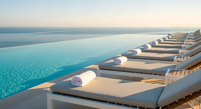 Infinity Pool With Row Of Sun Loungers And Ocean View