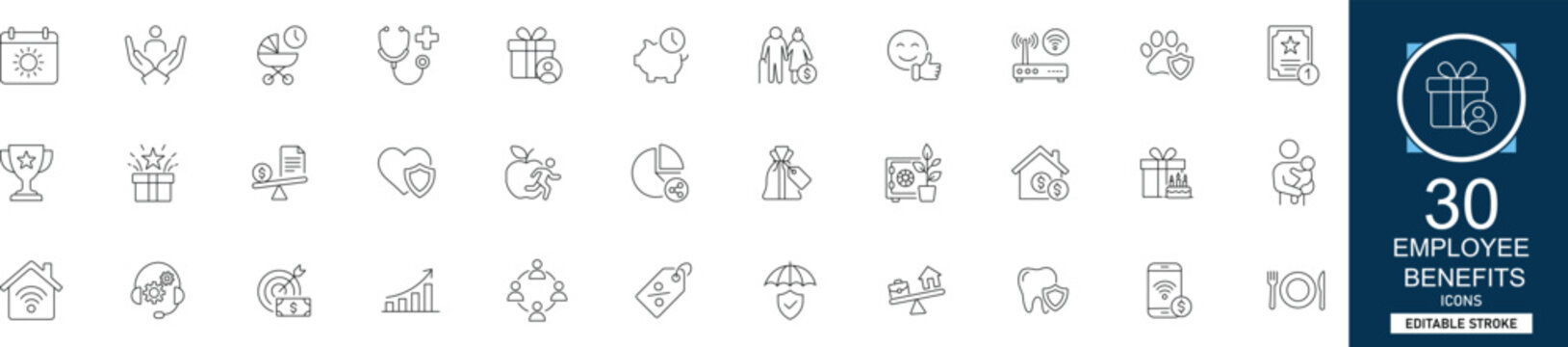 Employee benefits line icon set with 30 icons employee, benefits, compensation, insurance, bonus, wellness, pension, perks. Clean linear vector, editable stroke for HR web projects.