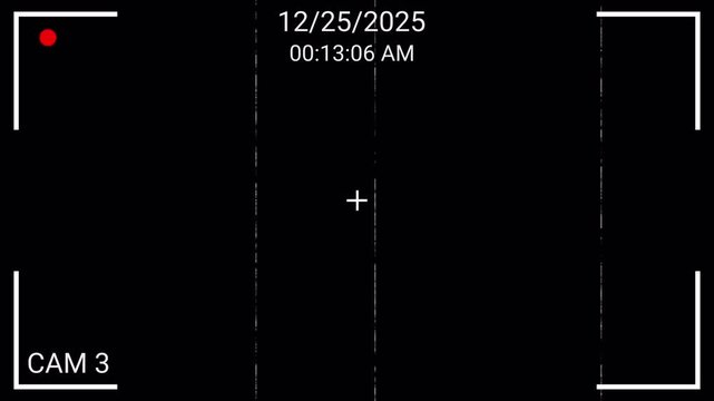 retro CCTV recording interface overlay with date, time and icons recorder on transparent background. security system visuals, digital monitoring with effects. CAM 3. 4K VIdeo