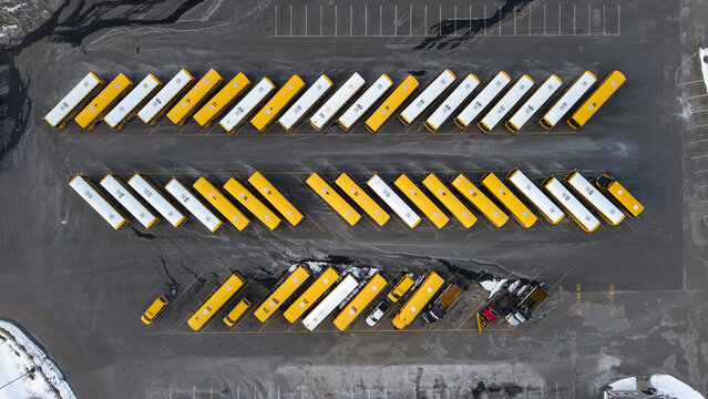 Aerial view of yellow school buses parked neatly in rows casting shadows on the asphalt, a geometric dance of color and form, Bridgewater, Massachusetts, United States.