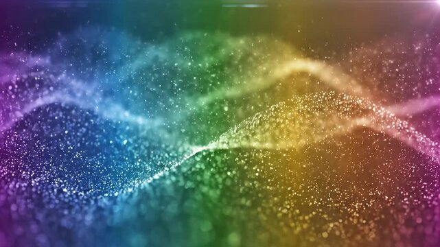 Abstract background of colorful glowing particles creating vibrant wave patterns across a bright spectrum