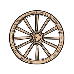 Fototapeta premium Hand drawn rustic wooden wagon wheel with detailed spokes and hub vintage western country style vector illustration isolated on white background