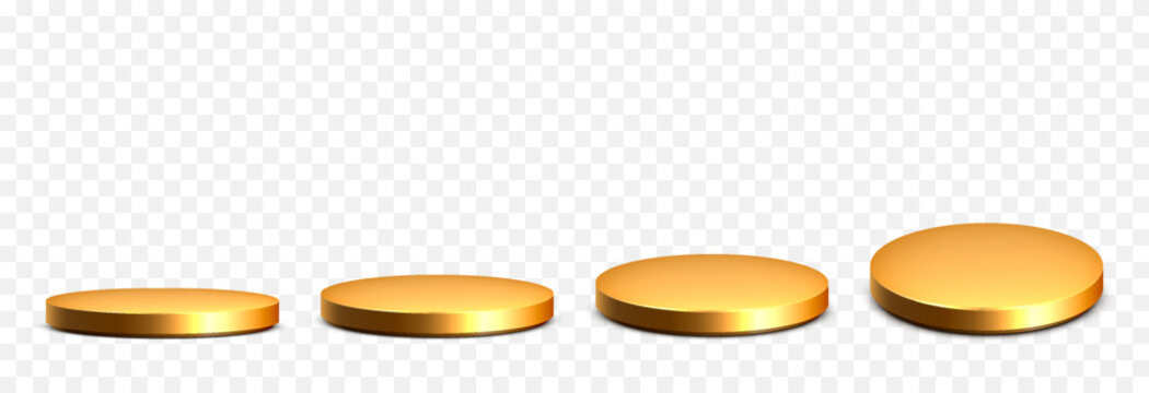 Set of golden round podiums PNG. Golden podium or pedestal from different angles. Podium for product or goods advertising.