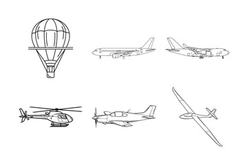 Detailed Set of Different Flight Transportation Vehicles and Aircraft Vector Line Art Icons for Creative Projects