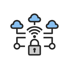Cloud network security with padlock icon on transparent background