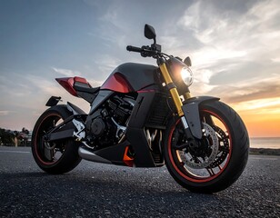 Naklejka premium Black Motorcycle Parked on Road at Sunset.