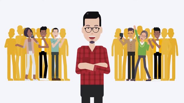 Confident leader standing in front of crowd animation, leadership 