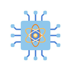 Atom symbol on a blue computer chip icon on transparent background