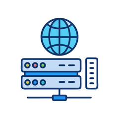 Server with globe icon above it graphic on transparent background