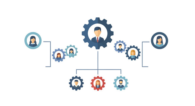 Colorful infographic illustrating teamwork A complex organizational structure illustrating a central leader connected to various teams and individuals through a network of gears and reporting lines.