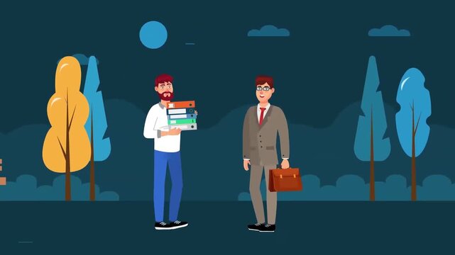 Two businessmen talking outdoors animation, partnership discussion and professional communication concept, business meeting scene, 2D cartoon