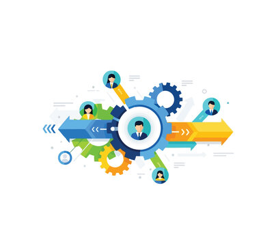 Colorful infographic illustrating teamwork People icons integrated into an efficient linear workflow with gears and arrows symbolizing streamlined processes.