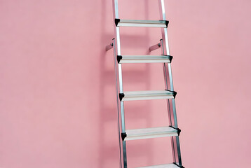 Ladder metal step with silver rungs and black accents against pink wall background featuring stairs, staircase, steps with equipment and tool elements for industry, maintenance projects, clean