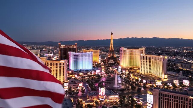 Las Vegas Strip at Dusk with American Flag.