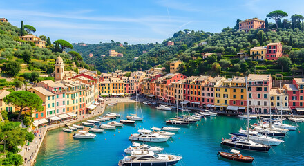 Obraz premium Panoramic view of Portofino harbor in Italy featuring vibrant colorful houses luxury villas and elegant yachts moored in the Mediterranean sea during a sunny summer day in Liguria