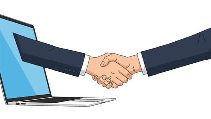 Handshake between two business people coming out of a laptop screen representing digital agreement and online networking.