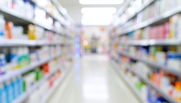 Vibrant drugstore aisle capturing a colorful pharmacy display in a brightly lit environment