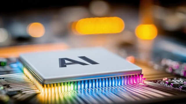 AI Chip and Technological Innovation: Close-up shot of an AI chip with AI inscription, illustrating the evolution of AI and computer science.