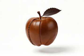 Apple leather brown with stitched design and leaf on white background featuring fruit icon, fruit symbol, realistic fruit, clean composition on simple background