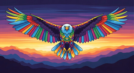 Artistic wildlife poster featuring an eagle with colorful geometric plumage, layered mountains, sunset gradient background