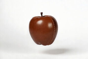 Apple leather brown with stitched detail and stem on white background, photorealistic featuring fruit, realistic, shadow with studio shot and still life elements for fashion, accessory projects,