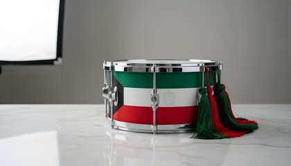 Kuwait National Day parade drum proudly displayed with flag colors and emblem, embodying patriotism and cultural celebration concept