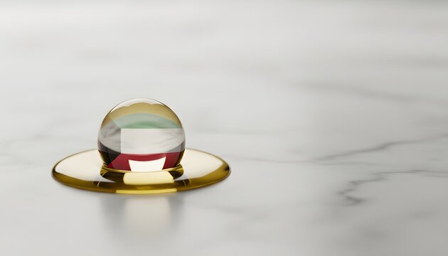 A symbolic oil drop containing the Kuwait flag, reflecting national wealth and prosperity for the Kuwait National Day concept on a luxurious marble surface