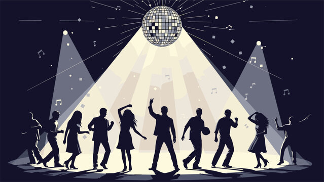 Silhouettes of diverse people are dancing enthusiastically under a bright disco ball with stage lights and musical notes at a night club party.