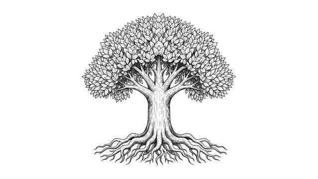 Detailed black and white engraving style illustration of a large leafy tree with an extensive root system on a plain background for nature art.