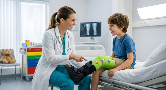 Doctor examining young boy with leg cast in hospital room  